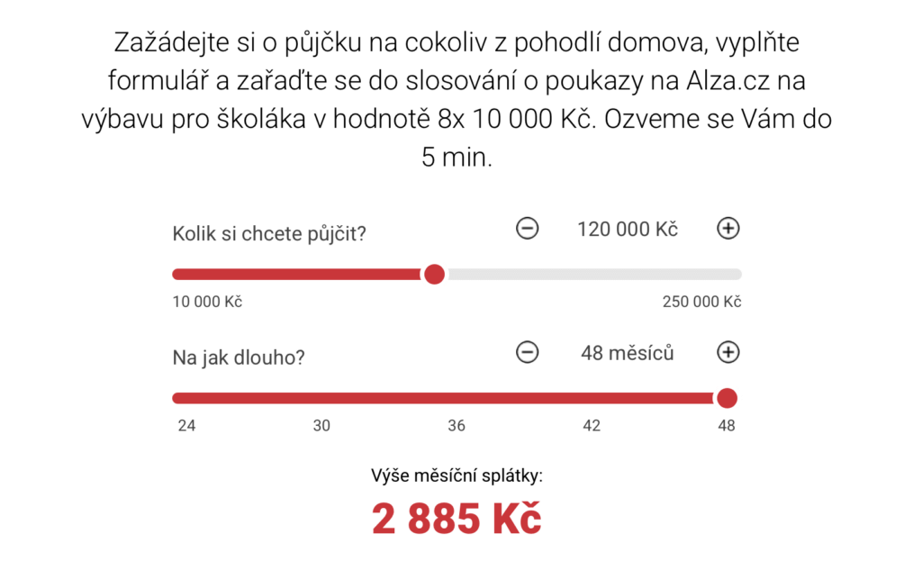 Webová kalkulačka Profi Credit umožňuje okamžitý výpočet orientační měsíční splátky pro zvolenou výši úvěru.