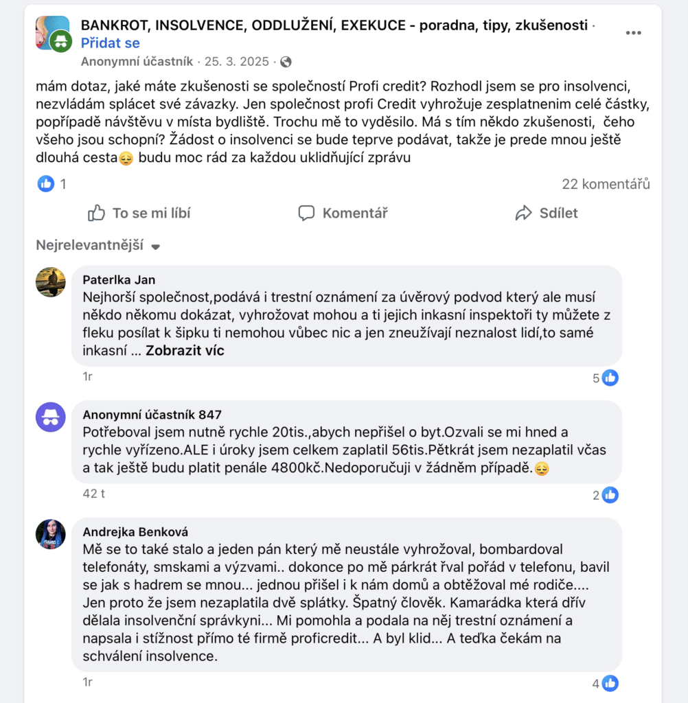 Na Facebooku nemá Profi Credit zrovna pozitivní ohlasy.