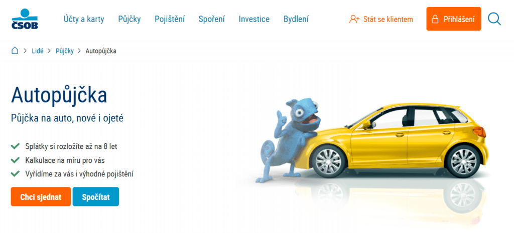ČSOB nabízí Autopůjčku až do výše 2 500 000 Kč se splácením až na 8 let.