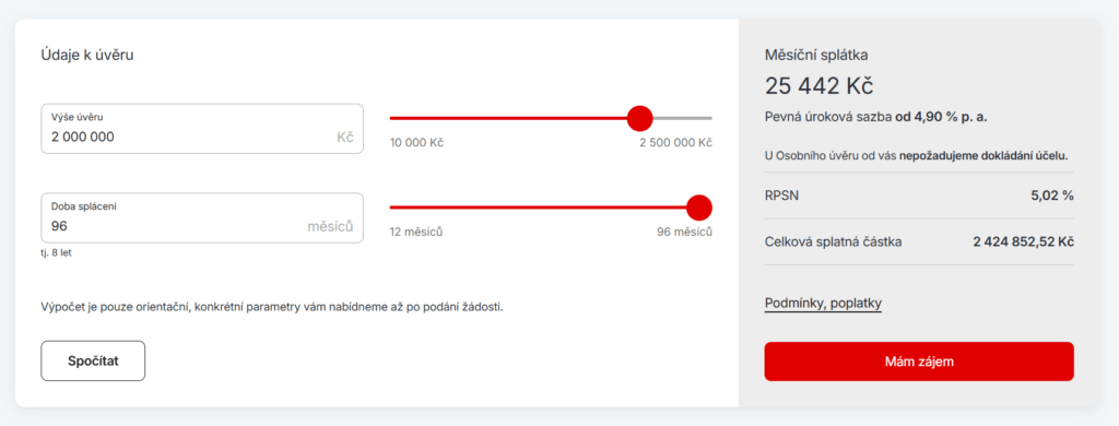 Komerční banka umožňuje spočítat si parametry úvěru přímo na webu.