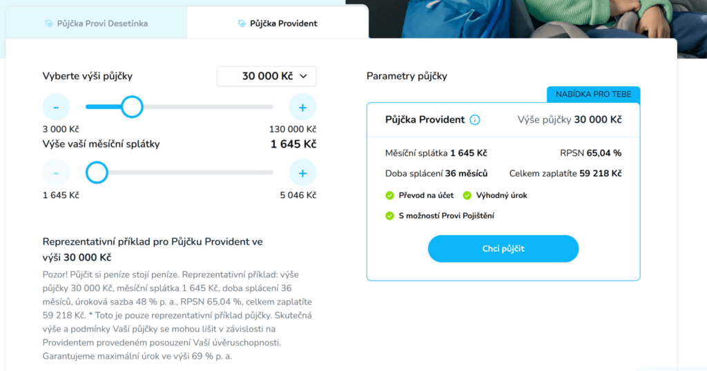 Před sjednáním půjčky si lze online orientačně a nezávazně spočítat, jak vysoká bude měsíční splátka a kolik klient přeplatí na poplatcích.